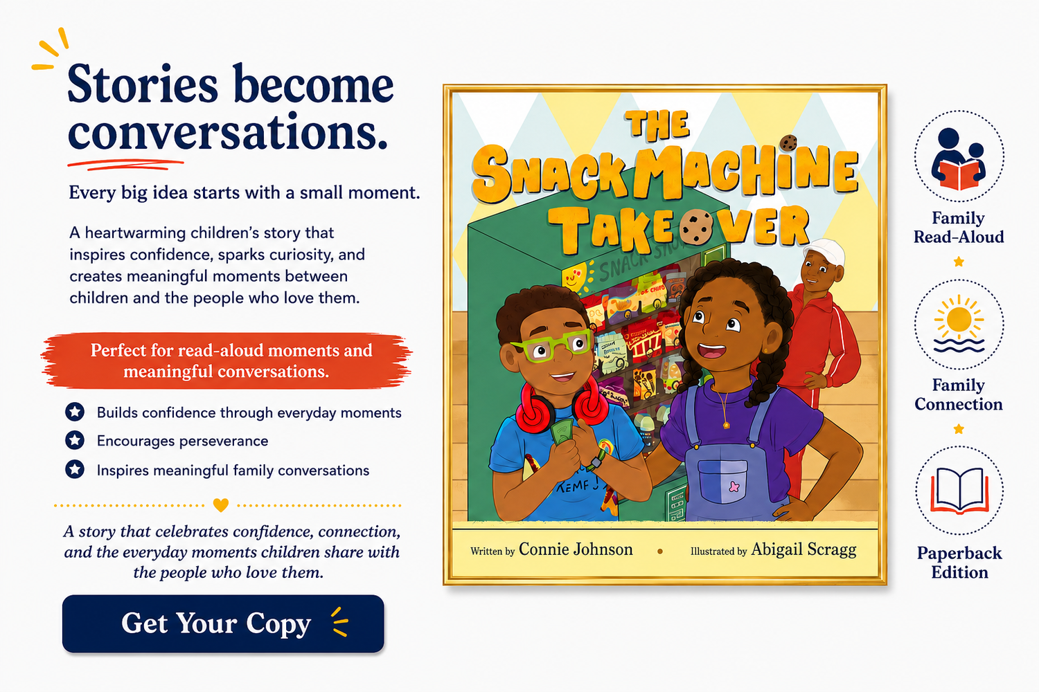 The Snack Machine Takeover children's book website by author Connie Johnson featuring Demi Ray and Maxx